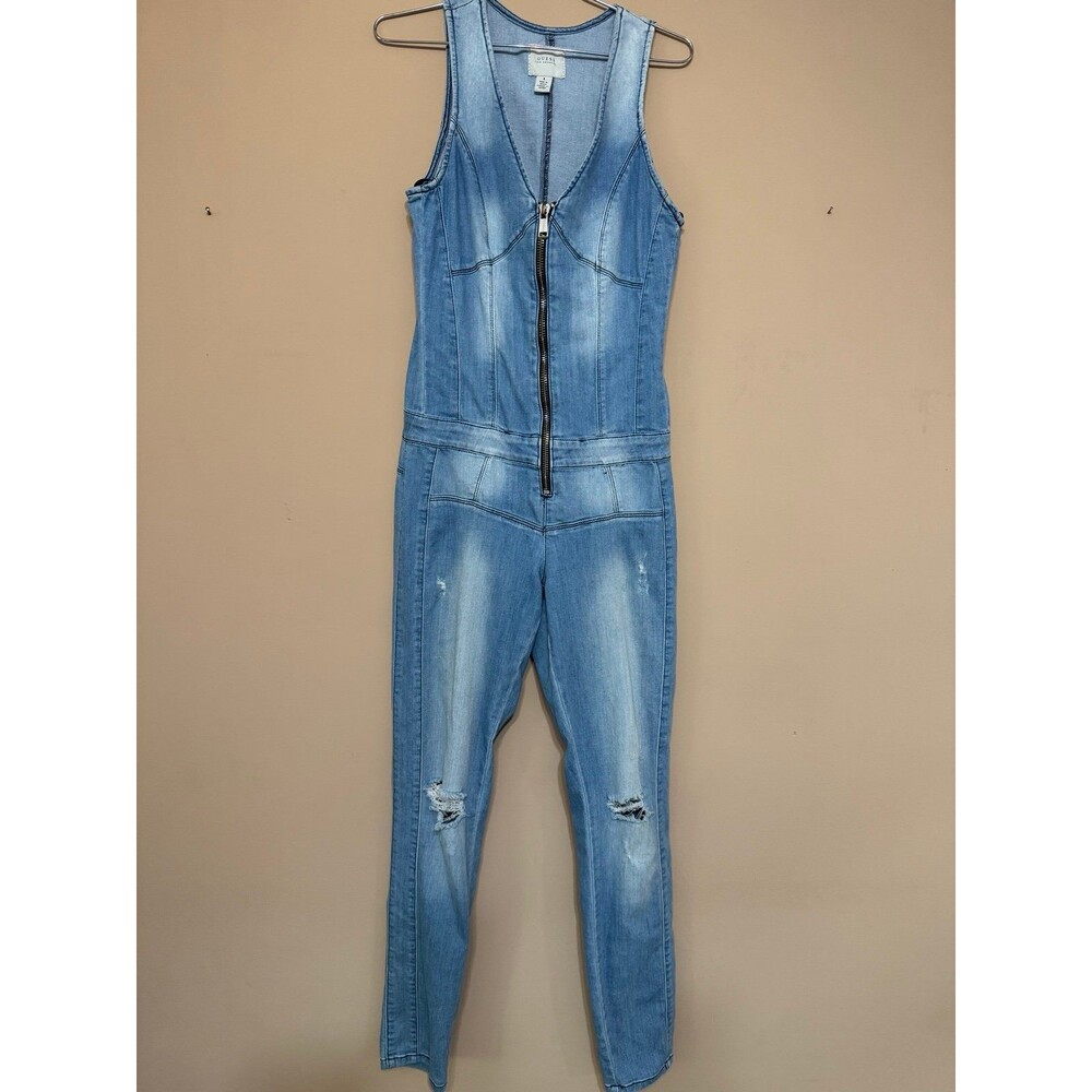 Guess Maxine Denim Jumpsuit Distressed Zip Front size 4 boho prairie granny core